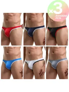 2/3/4 Pcs Random Color Men's Solid Triangle Thong, Low Rise Narrow Waistband, T-Back Hip Lift, Hollow, Breathable & Body Shaping Sexy Bikini Underwear