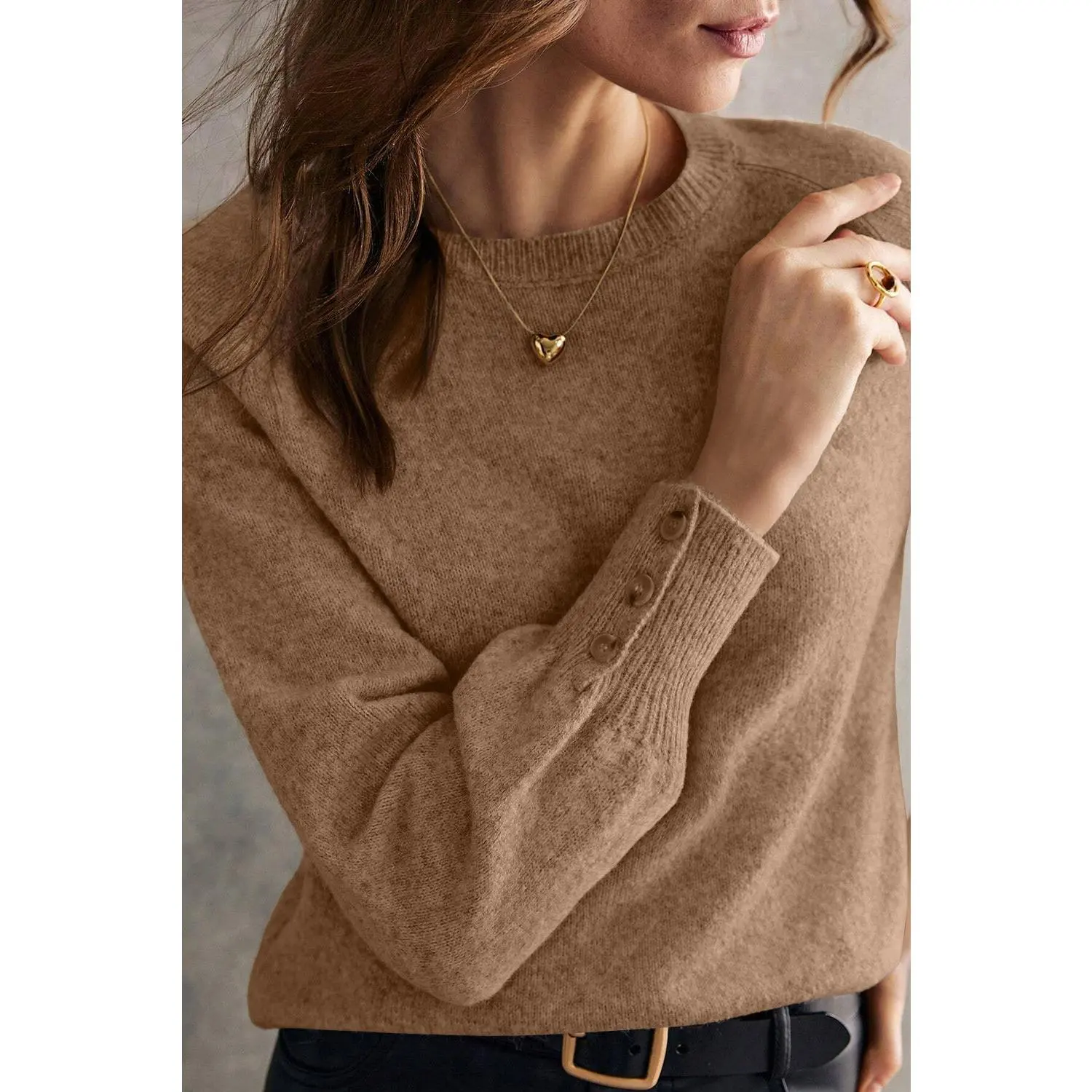 Camel Buttoned Cuffs Raglan Sleeve Knit Sweater