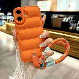 European and American Simple Down Jacket with Wrist Strap, Suitable for iPhone 17/17 Pro Max/17 Air/16/15/14/13/12/11 Pro/Pro Max/Plus, Premium Soft Shell Feel, Anti-Drop Phone Case with Wrist Strap