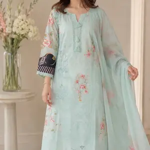 New Summer Style Pure Cotton 3PC Suit  | Elegant Mint Floral Punjabi Dress