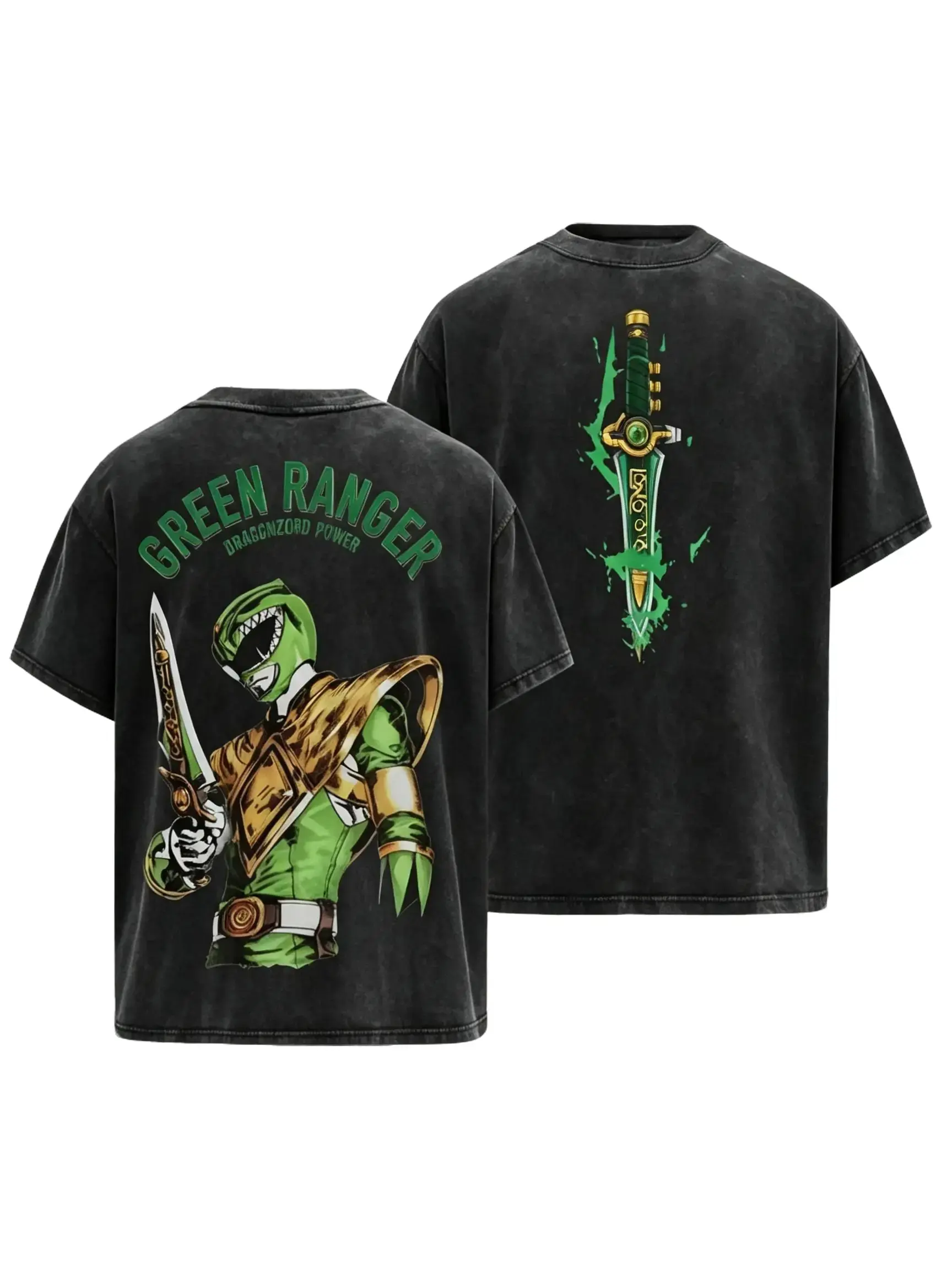 Green Ranger Dragon Dagger Graphic T Shirt Vintage Washed MMPR Superhero Shirt Oversized Heavyweight Short Sleeve Tee