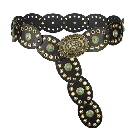 JASGOOD Women Western Belts Wide Disc Belt with Turquoise for Dress Cowgirl Country Belt Boho Concho Leather Belt for Concert