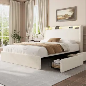 Garvee Boucle Full Bed Frame with Storage Headboard, Upholstered Bed Frame Full Size with Charging Station, LED Lights, 4 Storage Drawers, No Box Spring Needed, Noise Free, Beige