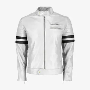 Men’s White Leather Jacket with Black Racing Stripes – Premium Moto Style Outerwear