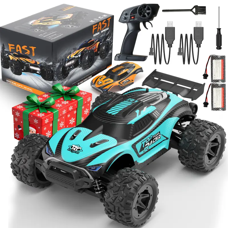 1:18 High-Speed RC Car, Rechargeable Remote Control Car with Dual Shells, Carbon Brush, USB Charger & Battery, All-Terrain RC Truck Toy Gift for Kids (Blue), Rc Cars, Rechargeable Remote Control Cars
