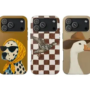 Whimsical Aesthetic Phone Case – Retro Dalmatian, Checkerboard Duck & Cowboy Goose Art | Cute Western Cottagecore Cover for iPhone