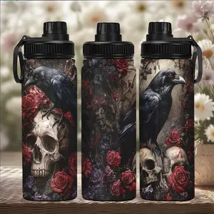 20oz Stainless Steel Vacuum Insulated Travel Mug, Skull Raven Print Design, Gothic Style Gift for Parents Friends Christmas Halloween, Stainless Steel Flask