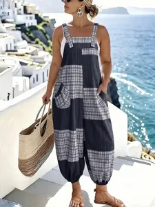 Plus Size Women's Spring Summer Elegant Fashion Casual Commute Checked Pocket Belted Jumpsuit, Loose-Fitting All Seasons Clothing Womenswear