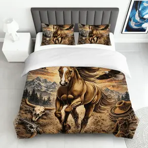 3PCS Duvet Cover Set, 1 Duvet+2 Pillowcases(Without filler), Wild West Horse Nature Adventure theme, Thanksgiving bedding set, Rustic Cowboy Equestrian Bedding Suitable for decoration Bedroom, Guest Room, Cabin, Lodge.