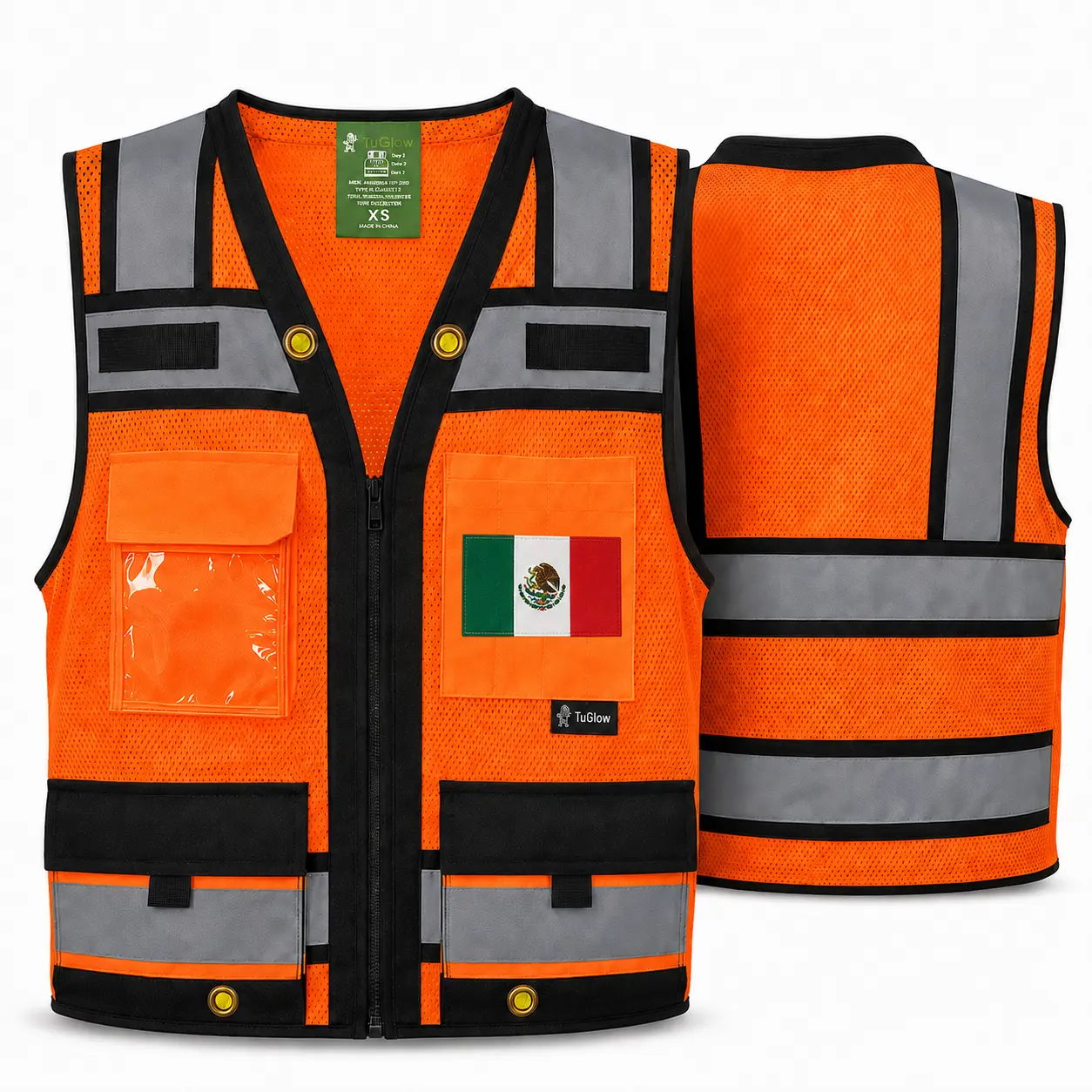 Superintendent Vest with custom USA Flag or other flags, High Visibility Reflective Safety, Mesh Safety Vest with Zipper and Multi pockets AMERICAN SIZE