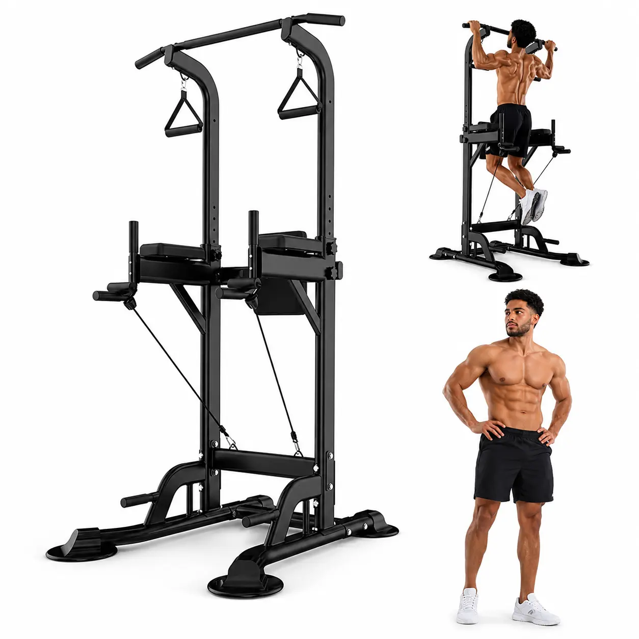 Heavy-Duty Steel Frame Power Tower, Adjustable Pull Up Bar and Dip Station for Home Gym Upper Body Workout, 400 lb Capacity, Pullup Bar, Strength Training Equipment, Workout Machine, Push Up Board, Unisex, Abdominal Crunch Assist Pull-Up Bars