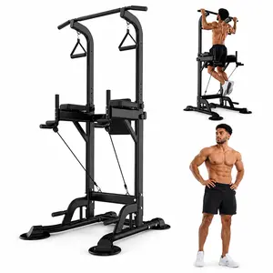 Adjustable Power Tower Pull Up Bar, 400 lb Dip Station Stand for Home Gym Strength Training, Push Up and Core Workout Equipment