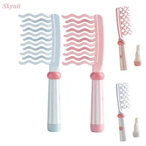 Skynii Wide Tooth Comb for Curly, Detangling Comb with Double Row Wavy Tooth and Ergonomic Handle for Long/Thick Dry/Wet Hair for Women/Girl without Straighten the Curl Hair Style (Pink/Blue)