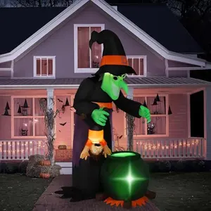 7FT Halloween Witch Animated Inflatable Decoration Witch Swinging Child Over Cauldron Inflatable Decoration Built in LED Giant Halloween Animatronics