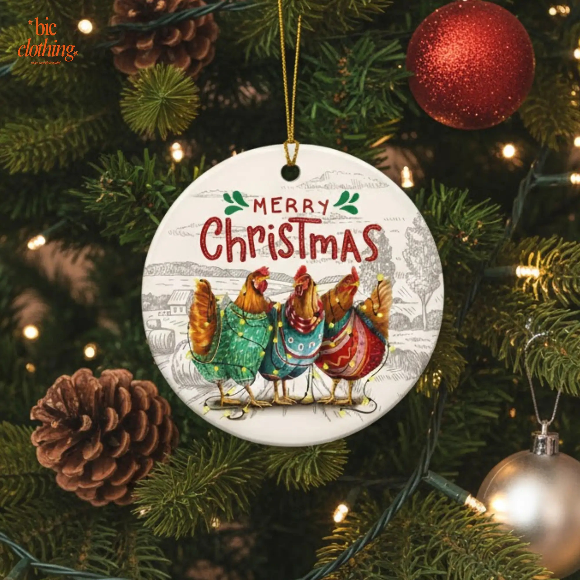 OASSIE Chicken Ornament 2025, Ceramic Christmas Decoration, Rooster Gifts for Women & Men, christmas ornament, family friends gift, christmas tree decor 2025
