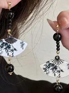 Elegant Vintage Style Long Silver Color Resin Fan Shape Earrings for Women, High-End Luxurious Design, New Chinese Fashion Jewelry