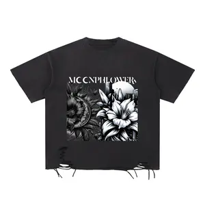 MP Snow Washed Raw-Hem Unisex Graphic T-Shirt with Distressed Design and Floral Print for Men and Women
