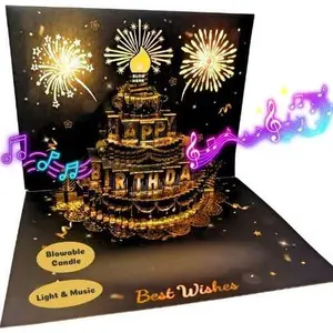 Birthday Cards, 3D Pop Up Birthday Cards, Lights & Music & Interactive Blowable Candle, Firework Greeting Cards, Elegant Birthday Gift for Her Him Mom Grandma Wife Husband Women Men (Black)