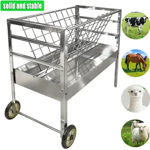 Goat Hay Feeder with Solid Wheels, 45‘’L× 23.6''W ×39''H Heavy Duty Galvanized Steel Pasture Feeder, Feeds 8-9 Goats, for Goats, Sheep and Ponies, for Farms, Sheep Sheds