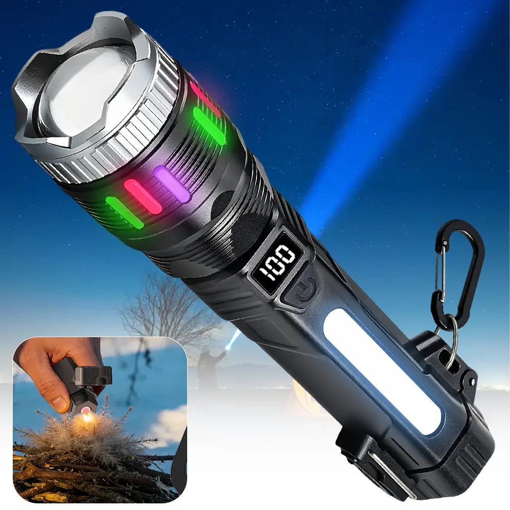 Lgnition Function Flashlight 2400-Lumen 2-in-1 Digital Display Flashlight—Rechargeable, Zoomable, Waterproof, and Adjustable Brightness—Ideal for Outdoor Camping and Emergency Situations.BackToSchool