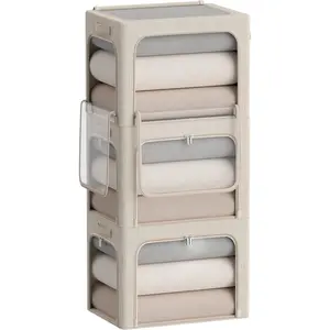 3Pack Stackable Foldable Storage Bin - Metal Frame Storage Box with Clear Window, Carry Handles (36L-15.7x11.8x11.8in, Beige)