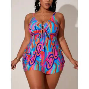 2026 Plus Size Abstract Print Tankini Swim Dress, V Neck Tie Front Cutout Tummy Control Bathing Suit with Built-in Briefs, Modest Curvy Swimwear for Beach Vacation