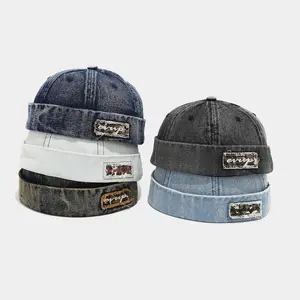 Retro denim docker cap splicing style, brimless cap without visor, leopard beanie hat, adjustable street cool vintage Cotton Snapback