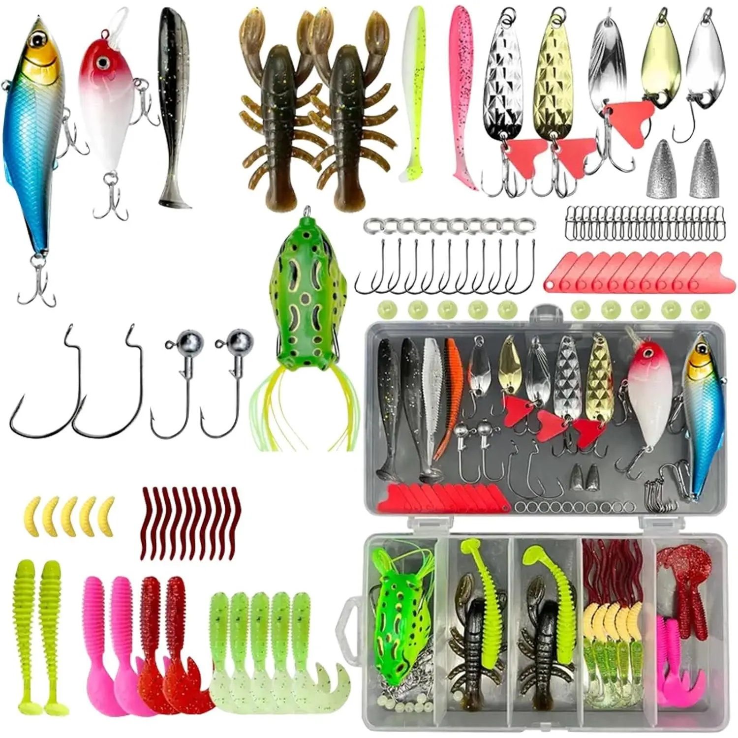 2025 Fishing Lures Accessories- Summer Fishing Fun ! Tackle Box with Fishing Tackle, Fishing Kit with Vib, Soft, Hook and Weight Accessories, Kit for Bass, Walleye, Trout, Gift for Men