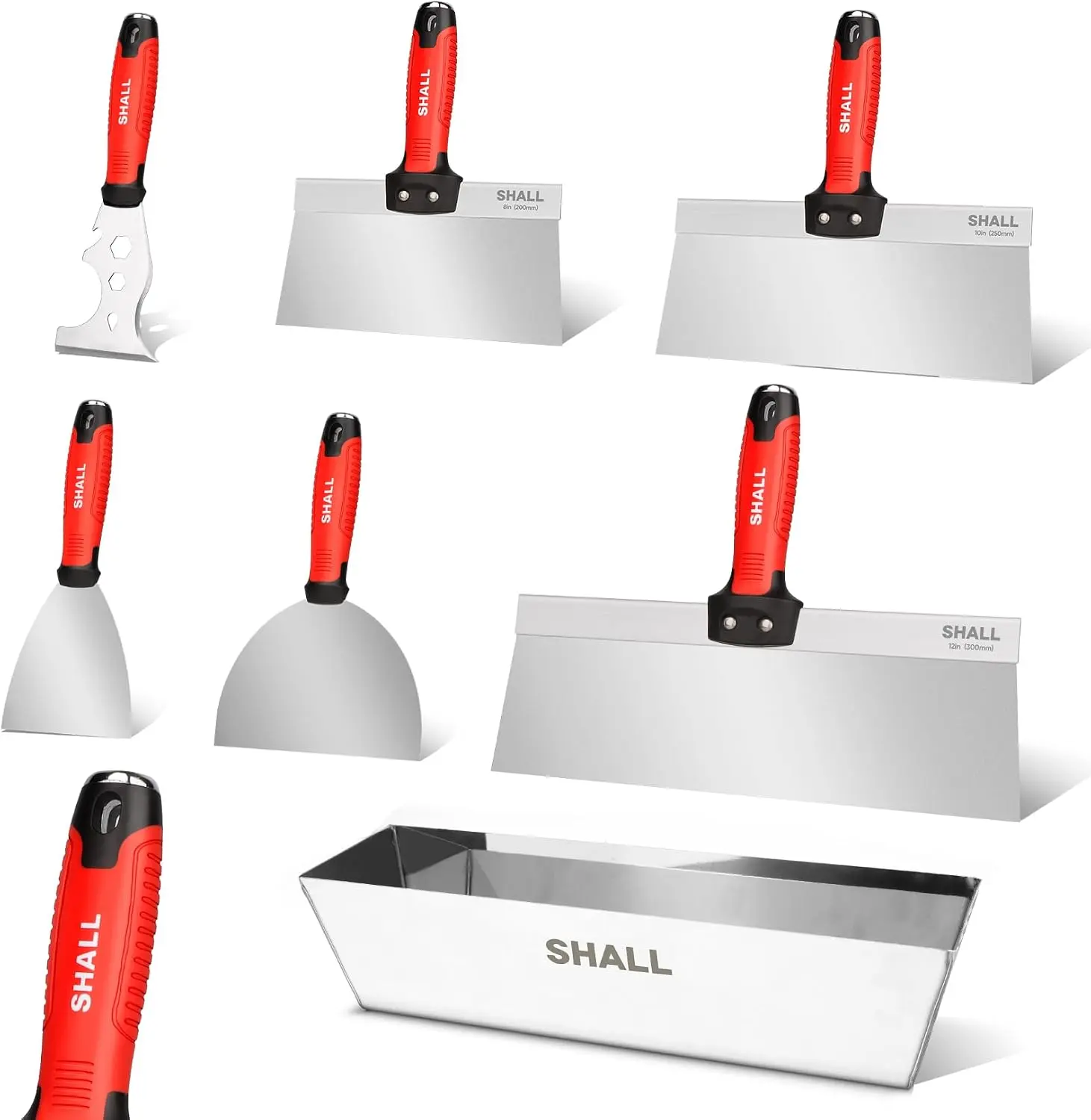 Drywall Kit, 7 Pcs Stainless Steel Set Includes Putty Knife, Taping Knife, Painter Scraper & 12" Mud Pan for Joint Taping, Finishing, Patching