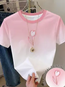 Gradient Tulip Print Fitted T-Shirt, Contrast Neckline, Breathable and Comfortable, Casual Fashion Summer Wear, Perfect for Students and Daily