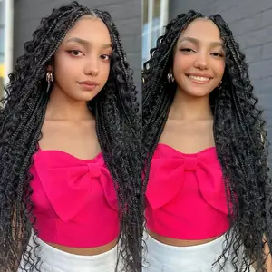 Boho Box Braid Knotless Goddess Locs Wigs with Curly Ends Double Full Lace Square Synthetic Braided Wigs with Baby Hair for Woman Natural Black Hairline
