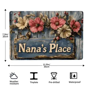 Nana's Place Retro Metal Wall Art Sign - 12x8 Inch Vintage Floral Decor with Rustic Wooden Fence Design, Bohemian Home & Garden Decor for Mother’s Day, Grandmother Gift, All-Season Indoor/Outdoor Use