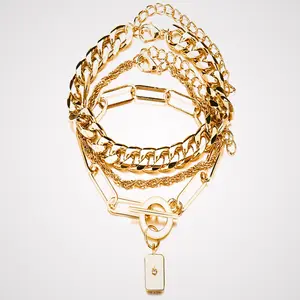 Gold Chunky Chain Bracelet Set 3pcs – Multi Layered Statement Bracelets for Women Fashion Jewelry