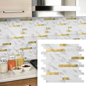 Art3d 10-Sheet 13.8‘’×11.8‘’ Peel and Stick Backsplash Vinyl Stone Tile for Kitchen, Bathroom,  Laundry Room Decor in White Slate with Gold Studded