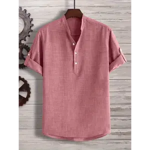 Men's Casual Short Sleeve Henley Shirt - Solid Orange, Faux Linen Blend, Button-Up Collar, Lightweight Summer Wear, Machine Washable, Summer Fashion | Casual Style | Polyester Blend