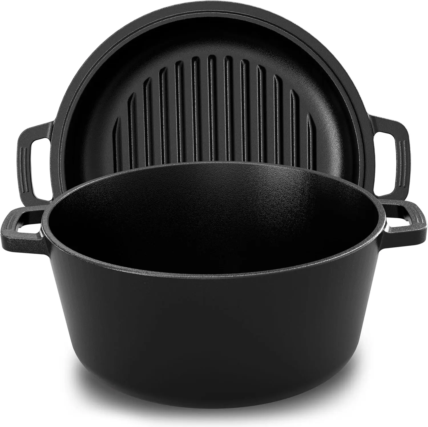 KICHLY Cast Iron Dutch Oven with Dual Purpose Skillet Lid, PFAS Free 5.QT Cast Iron Pot with 10.6 in Griddle Pan, Pre-Seasoned Heavy Duty Pot for Bread Baking, Roasting, Grilling & Outdoor Camping Cooking, Black