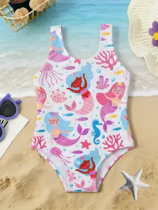 Girls' Beach Baby Jumpsuit Swimsuit, Cartoon Mermaid One-Piece, Printed Jumpsuit, Kids Beach Vacation Swimwear, Cute Style, Swimwear Bathing Suit