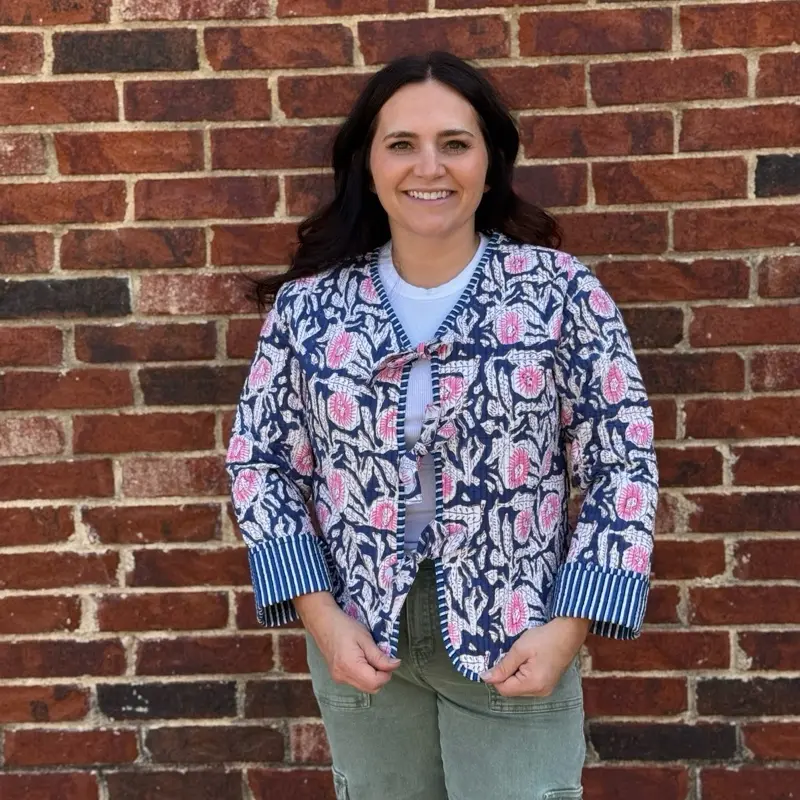 Newport Jacket - Blue and Pink Cotton Floral Print Women's Reversible tie front Outerwear with Pockets Long Sleeve Casual