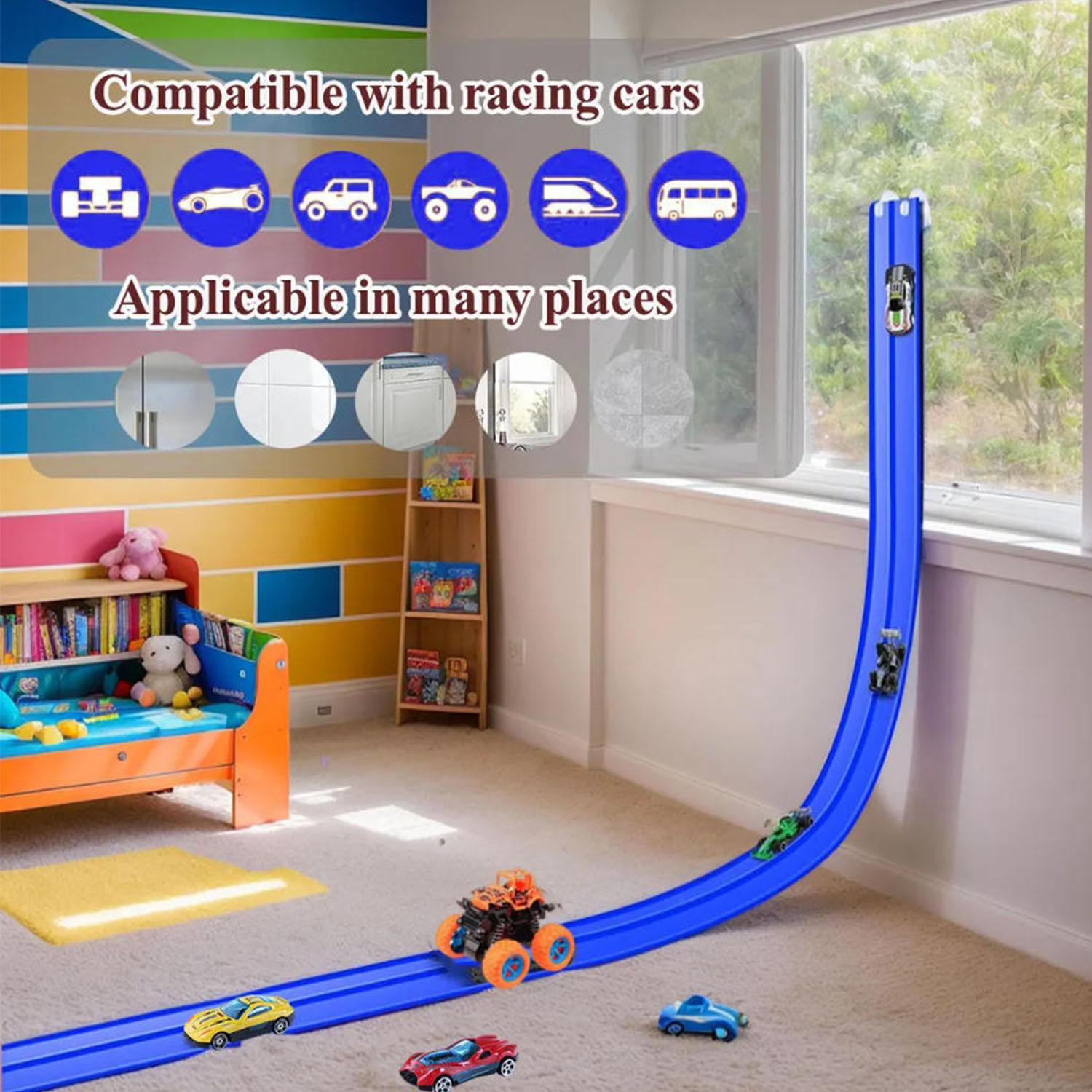 12.8 ft children’s elastic racing track, 1:64 die-cast racing toys, roll-up portable racing track, includes 4 cars and suction cups, birthday and Christmas gift for boys and girls ages 3+.