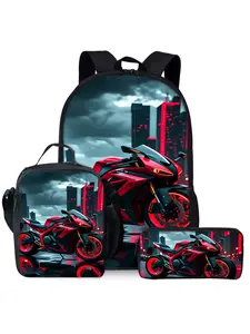 Motorcycle Print 3-Piece Backpack Set, Lunch Bag, Pencil Case, Backpack