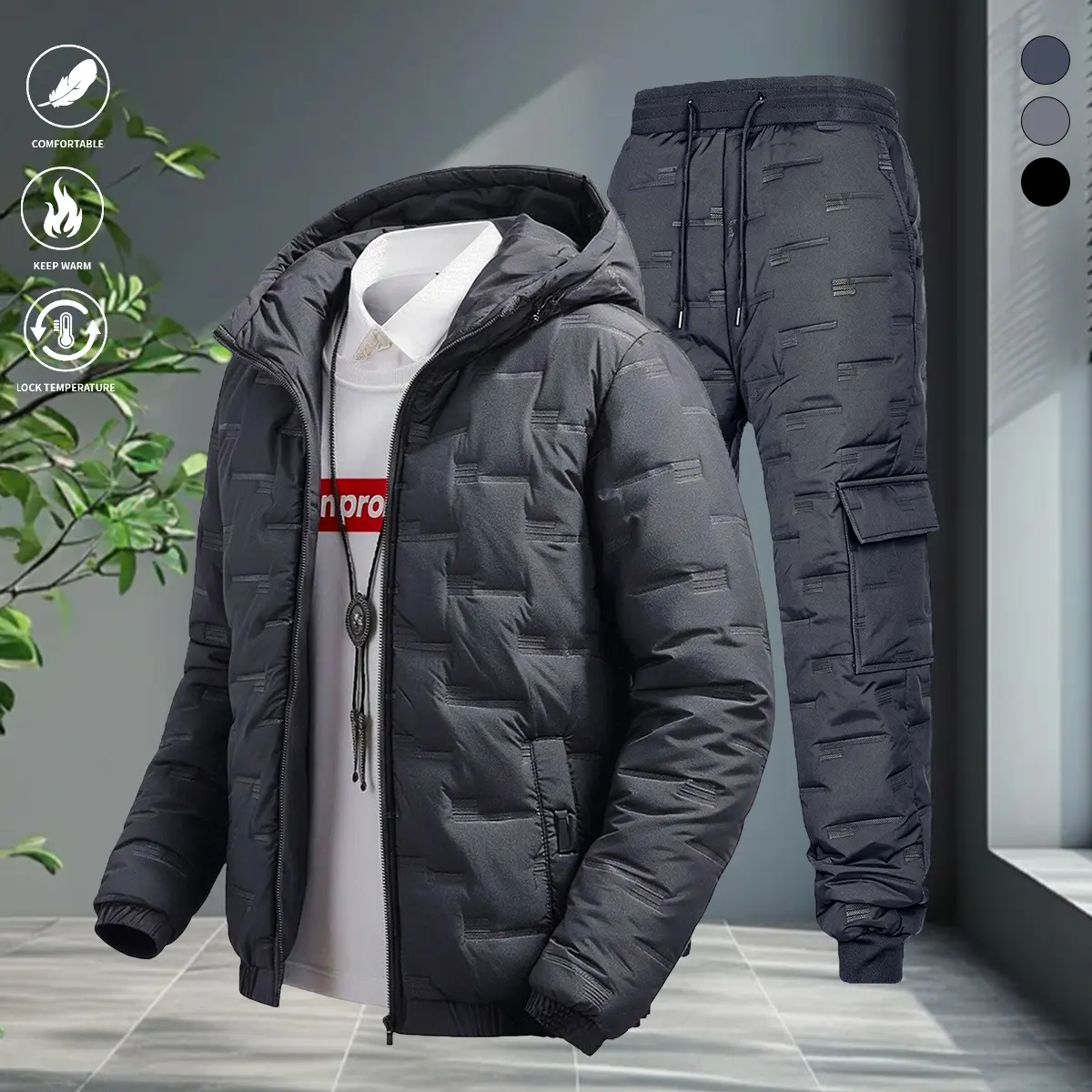 Men’s set, solid color, hooded top, long pants, windproof and warm, suitable for casual wear and everyday outings, men’s set, autumn/winter outfit