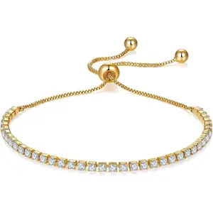 MINDDHA 2mm 14K Gold / White Gold Plated Cubic Zirconia Tennis Bracelet – Elegant Tennis Bracelet for Women, Thin, Dainty, Stackable, Adjustable Slider 6-9 Inch