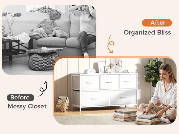 Sweetcrispy 5-Drawer Sturdy Chest of Drawers - Modern Dresser Storage Chest with Fabric Bins & Black Wood Top, Organizer Storage, Furniture for Small Spaces, Small Room Organization Products, Apartment Credenza Cabinet, Closet Organization, Storage Organi