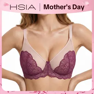 HSIA Blossom Unlined Vibrant Colors Plus Size Comfort Lace Sheer Mesh Full Coverage Underwire Non-Padded Bra Women Minimizer Bra