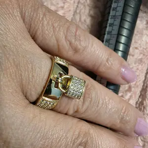 Elegant Gold Tone Ring with Rhinestones and Lock Design for Women's Fashion Accessory - Perfect for Everyday Wear