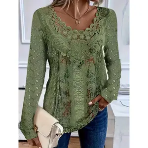 Spring and Autumn New Fashion Printed Long Sleeve Lace Collar Elegant Women's T-Shirt Top Womenswear