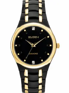 Elgin Adult Male Analog Watch in Black and Gold with GENUINE DIAMOND  (FG8021)