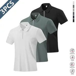 3-pack men’s summer short-sleeve polo shirts with zipper design; solid color lightweight tops; comfortable quick-dry, breathable fabric; suitable for golf, tennis, running, outdoor sports, casual wear, and everyday short sleeves; available in multiple col