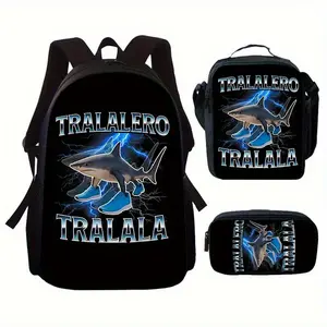3-Piece Tralalero Tralala Shark Print Backpack Set Travel Backpack with Adjustable Straps Suitable for Teenagers School Backpack, Teenager Backpack, Fashionable Backpack lunch bag pencil case