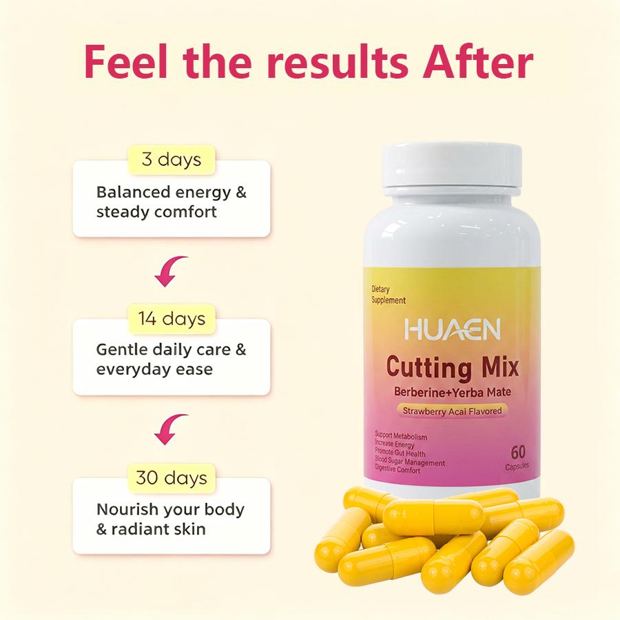 HUAEN Gluten-Free Dietary Fitness Supplement Capsules - Strawberry Acai Flavor, 60 Count, GMO-Free, with Natural Berberine, Chromium, Magnesium, Raspberry Tea Powder, Lemonade, Yerba Mate, Boosts Metabolism, Supports Fitness & Wellness Goals, for All Ages